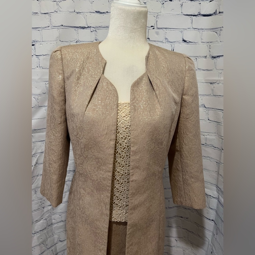Tahari Beige Gold Shimmer Damask Jacquard 3 Piece Luxe Evening Skirt Suit 4